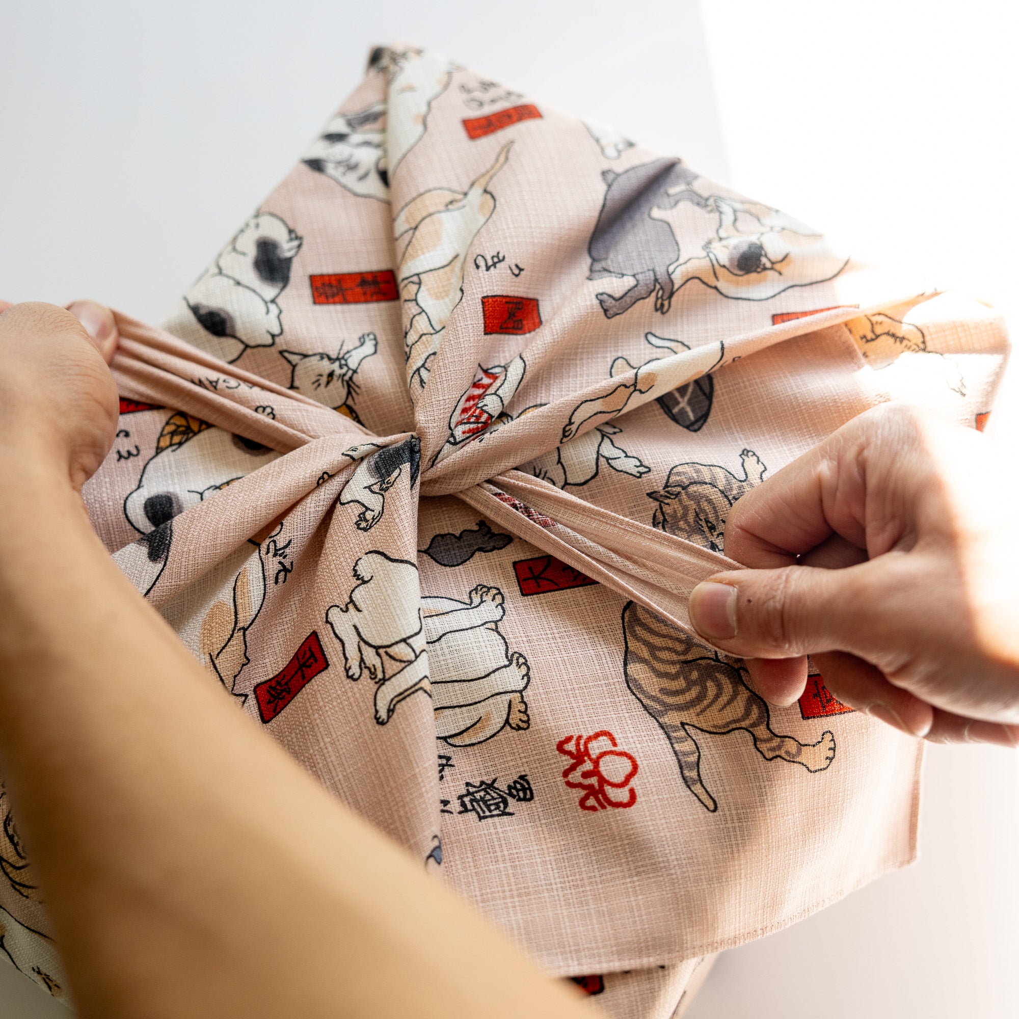 Furoshiki - Pink Ukiyo-e of Cats Suggested As The Fifty-three Stations Of The Tokaido