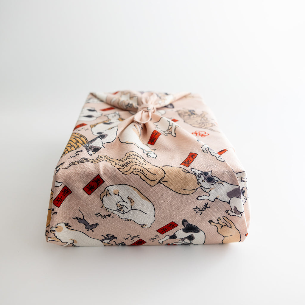 Furoshiki - Pink Ukiyo-e of Cats Suggested As The Fifty-three Stations Of The Tokaido
