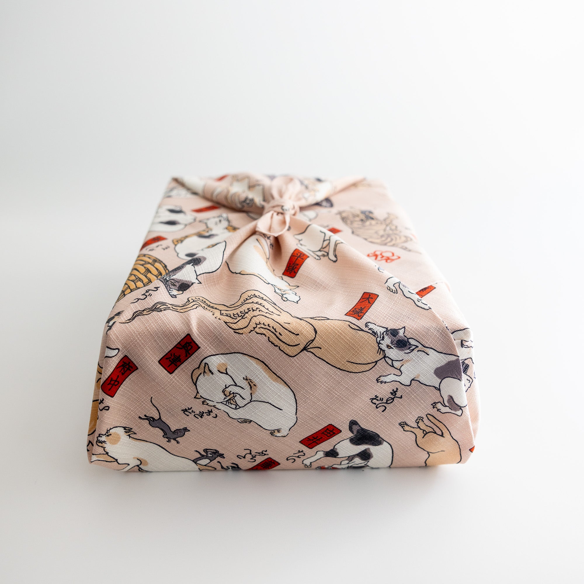 Furoshiki - Pink Ukiyo-e of Cats Suggested As The Fifty-three Stations Of The Tokaido