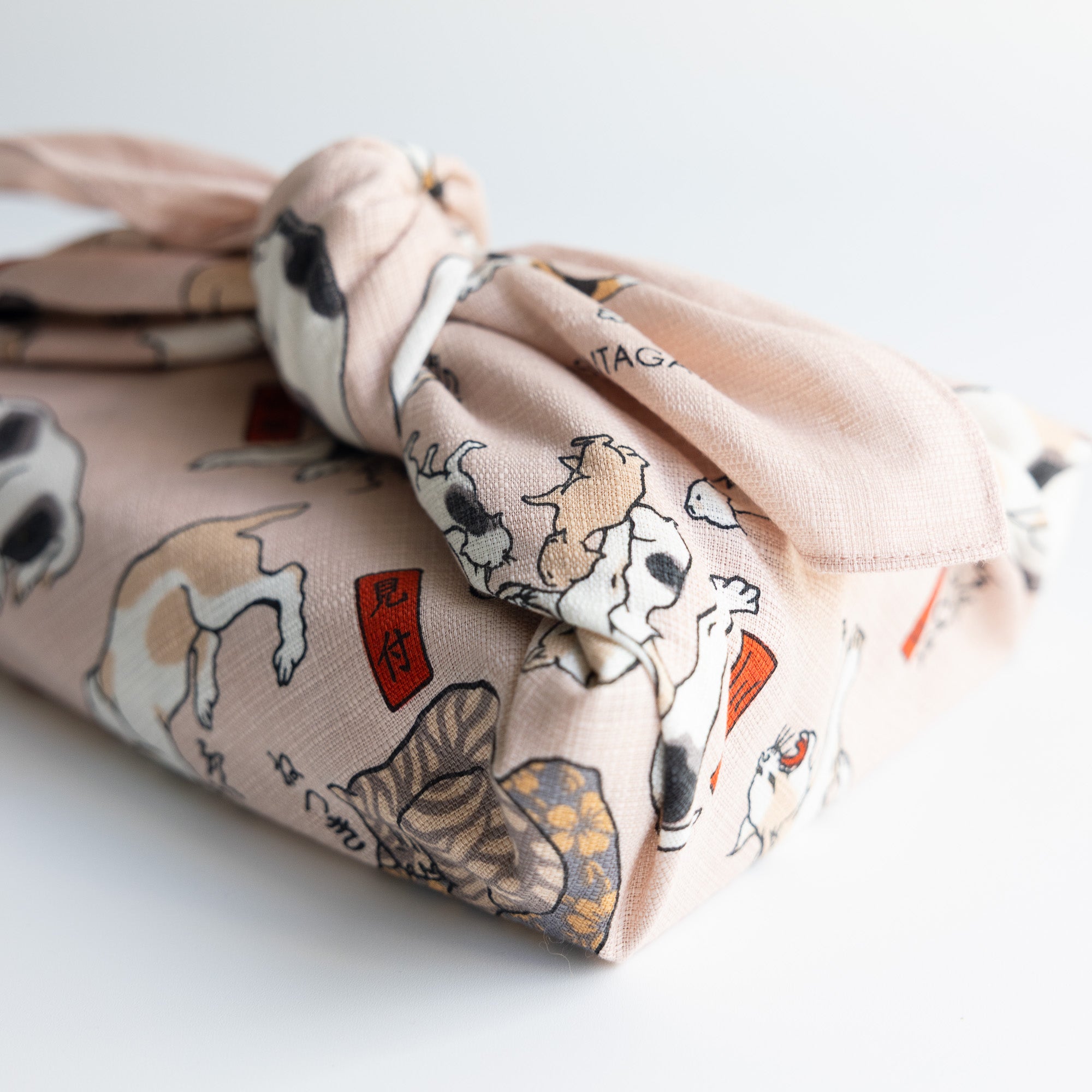 Furoshiki - Pink Ukiyo-e of Cats Suggested As The Fifty-three Stations Of The Tokaido